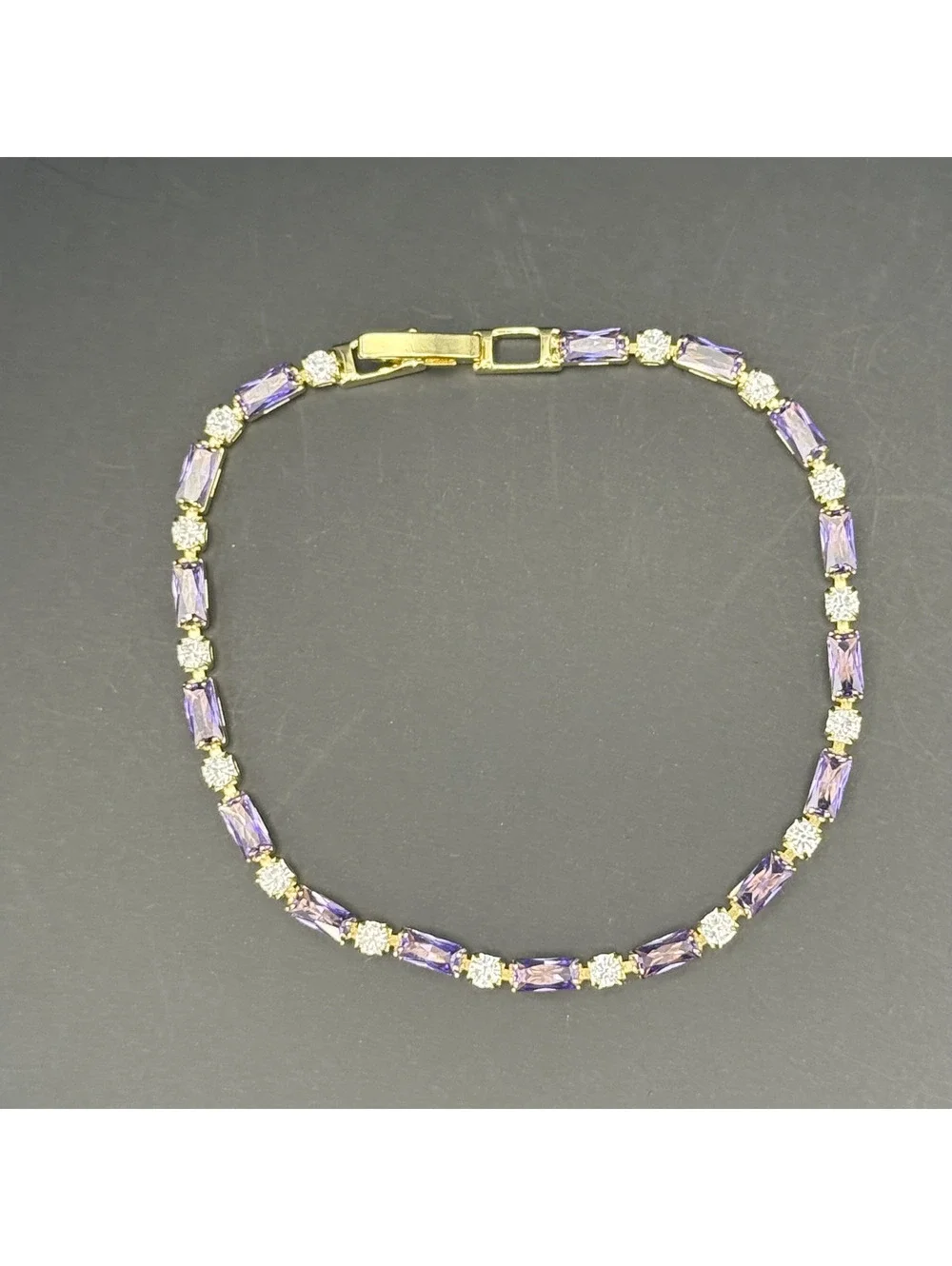 candy+clover lilac amethyst baguette gold tone tennis bracelet